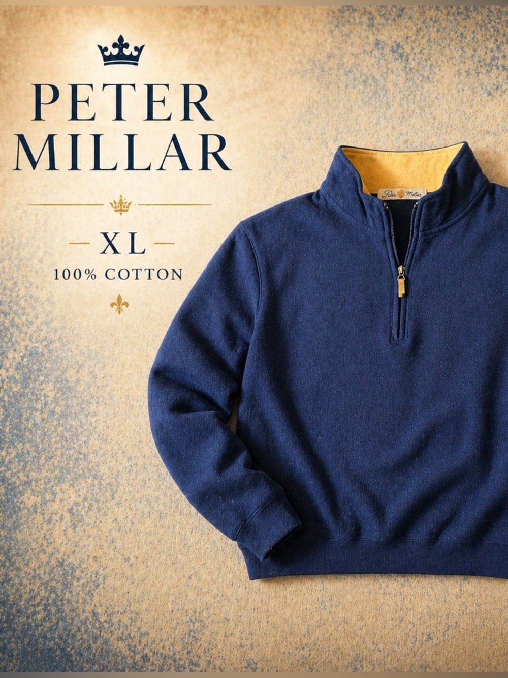 Peter Millar Navy Blue 1/4 Zip Pullover Sweater Cotton XL yellow contrast collar